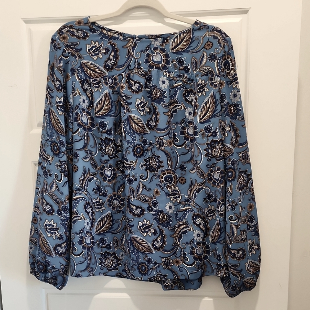 J JILL Wearever Women's Paisley Long Sleeve Blue Blouse L
